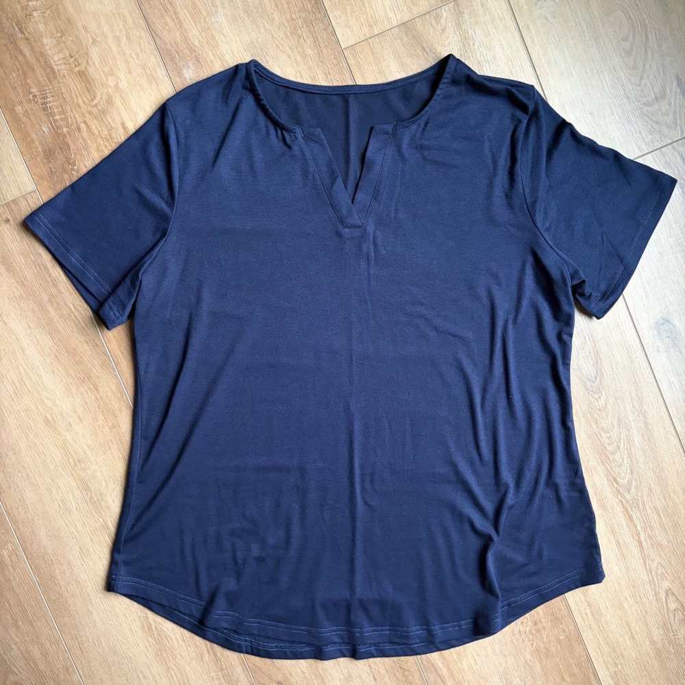 LOMON Size L Navy Blue Notch V-Neck Short Sleeve Tee T-Shirt Top